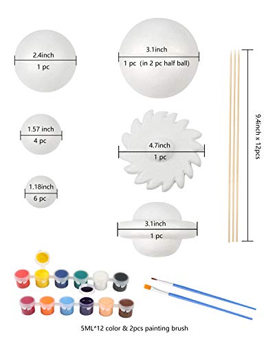 Pllieay Solar System Model Foam Ball Kit Includes 14PCS Mixed Sized Polystyrene Spheres Balls, 12PCS Bamboo Sticks, 12 Color Pigments, 2PCS Painting Brushes for School Science Projects