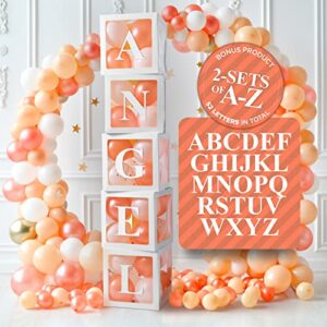 balloon box decorations (5 white boxes) | 52 letters (2-sets of a-z) for custom name, birthday party, baby shower decor, gender reveal decorative blocks