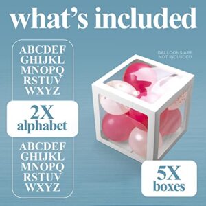 Balloon Box Decorations (5 White Boxes) | 52 Letters (2-Sets of A-Z) for Custom NAME, Birthday Party, Baby Shower Decor, Gender Reveal Decorative Blocks