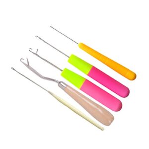 5 pcs hair crochet hook bent latch hook crochet needle set tool knitting ventilating needles for hair extension 1 wooden bent latch hook and 4 size plastic latch hook