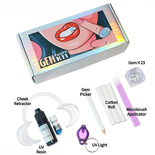 NANAFLA Tooth Gem Kit with UV Light and Glue DIY Teeth Jewelry Starter Kit 23 Pieces Crystals and Cheek Retractor Incldues Butterfly & 2 Set of Cat Paw/Heart-Shaped Gems Great Tooth Jewelry Gems Kit