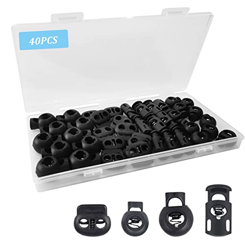 40Pcs Cord Lock, Plastic Cord Locks for Drawstrings, Black Spring Toggle Stopper with 4 Sizes, Elastic Cord Adjuster Shoelace Fastener Lock for Drawstring, Paracord, Shoelaces, Clothing and Bags