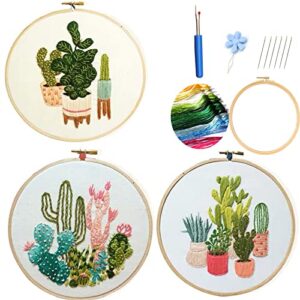 highkick embroidery starter kits for adults beginners with stamped pattern, embroidery floss + needles + hoop, cactus series, 3 pack