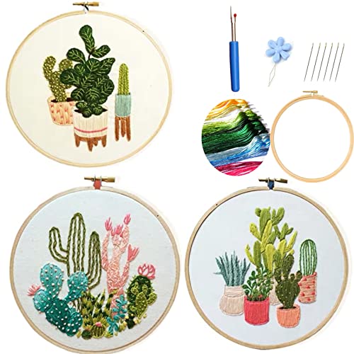 Highkick Embroidery Starter Kits for Adults Beginners with Stamped Pattern, Embroidery Floss + Needles + Hoop, Cactus Series, 3 Pack