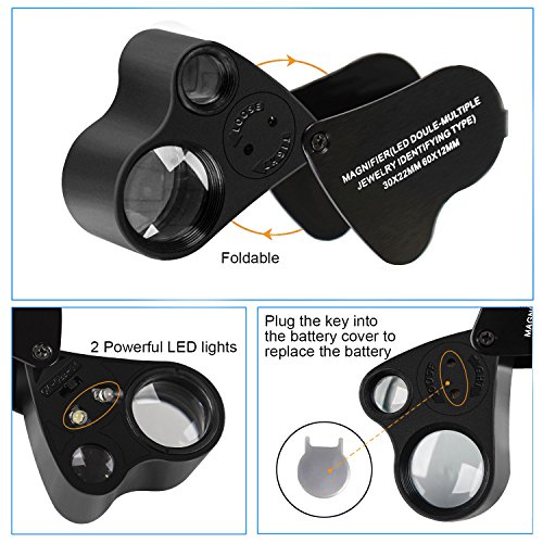JARLINK 2 Pack 30X 60X Illuminated Jewelers Eye Loupe Magnifier, Foldable Jewelry Magnifiers with Bright LED Light for Gems, Jewelry, Coins, Stamps, etc (White & Black)