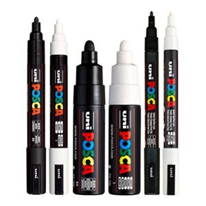 posca black & white bullet tip – set of 6 pens (pc-5m, pc-7m, pc-3m)
