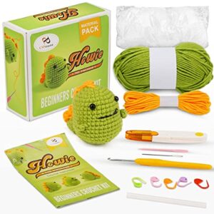 pp opount beginner crochet kit – cute dinosaur, complete crochet kit for beginners, starter pack for adults and kids, bundle includes yarn, hook, needles, scissors, accessories