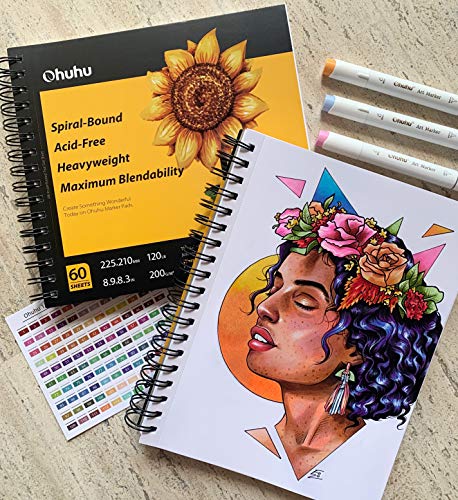 Ohuhu Marker Pads Art Sketchbook, 7.6"x10" Large Paper Size, 120LB/200GSM Heavy Smooth Drawing Papers, 60 Sheets/120 Pages, Spiral Bound Sketch Book for Alcohol Markers Christmas Gift