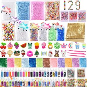 129 pack slime making kits supplies,gold leaf,foam balls,glitter shake jars,fishbowl beads,fruit slices,fake sprinkles,glitter sequins accessories, sugar papers (slime kits)