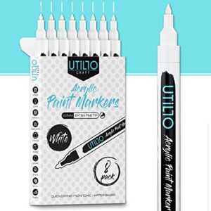 white paint marker (8-pack) 0.7mm extra fine tip made in japan | bold color+100% coverage | for rock, wood, glass, paper, fabric, canvas, metal and more! | white paint pens | white acrylic paint pens
