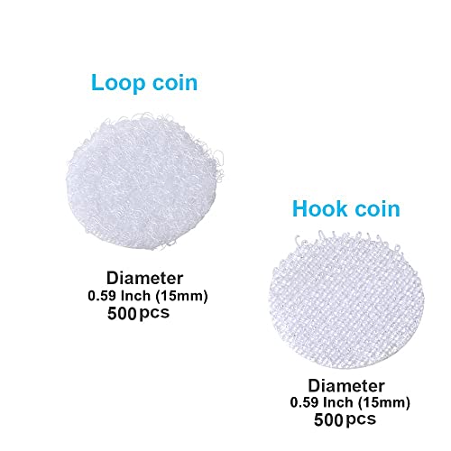 Self Adhesive Dots, 1000Pcs(500 Pair Set) 0.59 Inch / 15mm Diameter Hook and Loop Dots Tape, 15mm Nylon Sticky Back Coins, Suitable for Classroom, Office, Home, White