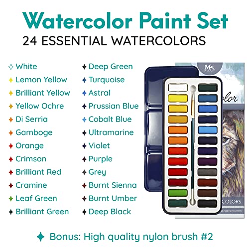 MozArt Supplies Watercolor Paint Essential Set - 24 Vibrant Colors - Lightweight and Portable - Perfect for Budding Hobbyists and Professional Artists - Paintbrush Included