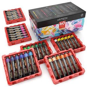 arteza acrylic paint, set of 60 colors, 0.74 oz/22 ml tubes, includes 5 metallic colors, rich pigments, non-fading, non-toxic paints for artist & hobby painters, art supplies for painting