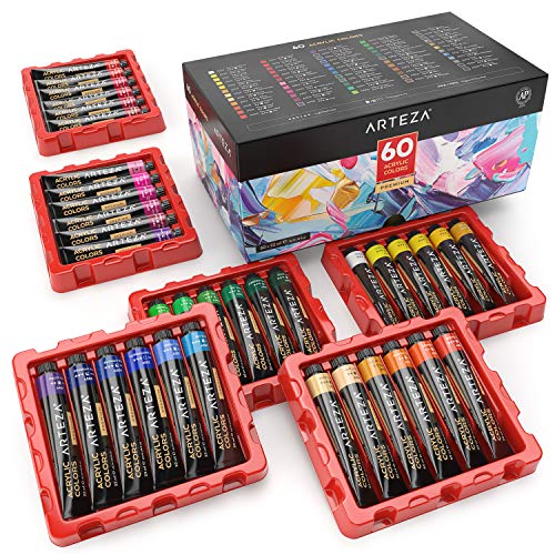 ARTEZA Acrylic Paint, Set of 60 Colors, 0.74 oz/22 ml Tubes, includes 5 Metallic Colors, Rich Pigments, Non-Fading, Non-Toxic Paints for Artist & Hobby Painters, Art Supplies for Painting