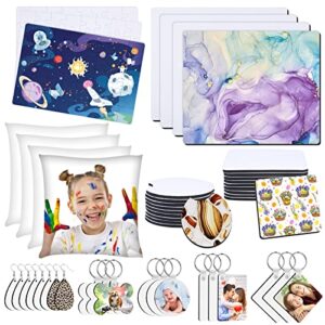 modacraft 82 pcs sublimation blanks products set, diy sublimation starter kit with 20 car coasters, 12 keychains, 8 earrings, 4 mouse pads, 3 pillow covers, 3 puzzles