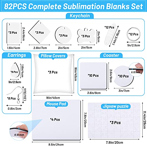 modacraft 82 PCS Sublimation Blanks Products Set, DIY Sublimation Starter Kit with 20 Car Coasters, 12 Keychains, 8 Earrings, 4 Mouse Pads, 3 Pillow Covers, 3 Puzzles