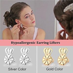 3 Pairs Earring Lifters,8MM Hypoallergenic Earring Backs for Droopy Ears,Adjustable Crown Earring Backs for Heavy Earring (8MM 2silver +1gold)