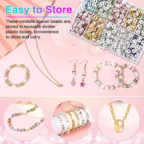 Rondelle Spacer Beads for Jewelry Making, 600 Pieces Rhinestone Spacer Beads Crystal Bead Spacers for Jewelry Making, Bracelets (10 Colors)