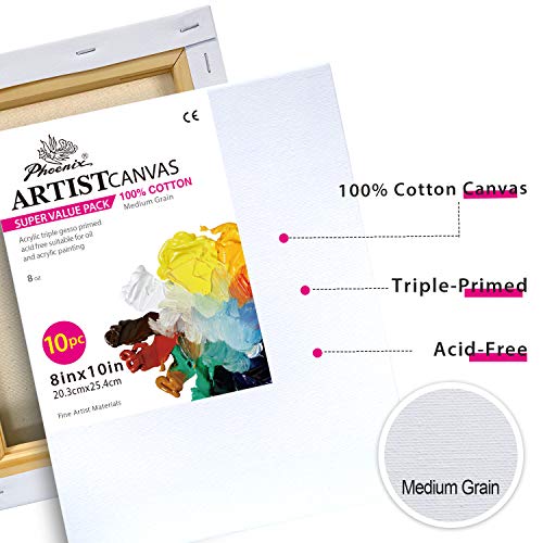 PHOENIX Stretched Canvas for Painting 8x10 Inch/10 Value Pack, 8 Oz Triple Primed 5/8 Inch Profile 100% Cotton White Blank Canvas, Artist Framed Canvas for Oil Acrylic & Pouring Art