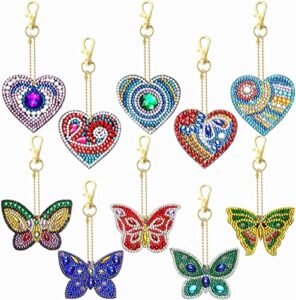 10pack diamond painting keychain diy diamond painting kits for kids and adult beginners -love heart, butterfly christmas valentine’s day mother’s day gift