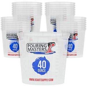 pouring masters 40 ounce (1200ml) graduated plastic mixing cups (box of 24) – use for paint, resin, epoxy, art, kitchen, cooking, baking – measurements in oz. and ml., 4 different measuring ratios 1:1