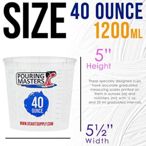 Pouring Masters 40 Ounce (1200ml) Graduated Plastic Mixing Cups (Box of 24) - Use for Paint, Resin, Epoxy, Art, Kitchen, Cooking, Baking - Measurements in OZ. and ML., 4 Different Measuring Ratios 1:1