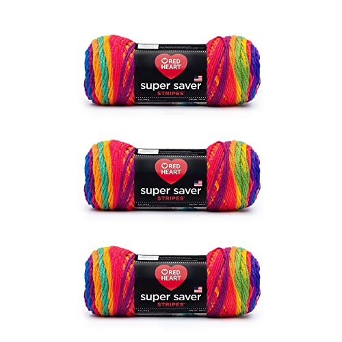 Red Heart Super Saver Favorite Stripe Yarn - 3 Pack of 141g/5oz - Acrylic - 4 Medium (Worsted) - 236 Yards - Knitting/Crochet