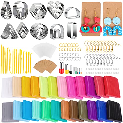 Snoghmil Polymer Clay Earrings Making Kit with 32pcs Polymer Clay Cutters, 24pcs Oven Bake Clay, 30 Set Earring Rings&Hooks for Earrings Making, Clay Earring Jewelry Making Kit for Beginner