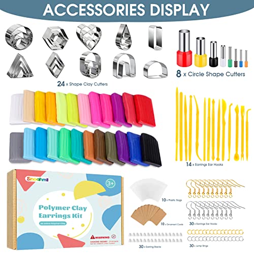 Snoghmil Polymer Clay Earrings Making Kit with 32pcs Polymer Clay Cutters, 24pcs Oven Bake Clay, 30 Set Earring Rings&Hooks for Earrings Making, Clay Earring Jewelry Making Kit for Beginner