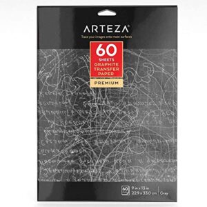 arteza graphite transfer paper, 9 x 13 inches, 60 sheets, gray carbon paper for tracing and transferring drawings onto wood, paper, canvas, arts & crafts projects