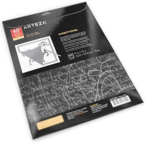 Arteza Graphite Transfer Paper, 9 x 13 Inches, 60 Sheets, Gray Carbon Paper for Tracing and Transferring Drawings onto Wood, Paper, Canvas, Arts & Crafts Projects