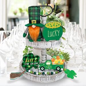 St Patricks Day Decor, 5pcs St Patrick's Day Gnome Tiered Tray Decor, Shamrock Wood Signs, Buffalo Plaid Gnomes Plush,Saint Patrick Bead Garland, Home Kitchen Table Decor, St Patricks Day Decoration