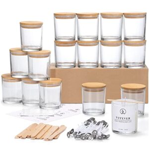 16 pack, 10 oz thick glass candle jars with bamboo lids and candle wick kit – bulk clear empty glass candle jars for making candles – spice, powder containers