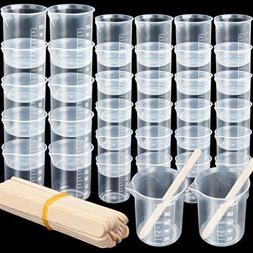 36 PCS Resin Mixing Cups, LEOBRO 12PCS 100ML Plastic Measuring Cups for Resin, 24PCS 50ML Paint Epoxy Resin Mixing Cups, with Craft Sticks, Beaker, Liquid Measuring Cups, Graduation Epoxy Resin Cups