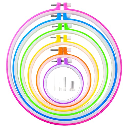 Caydo 6 Pieces Embroidery Hoops and 15 Needles, Plastic Circle Cross Stitch Hoop Ring Embroidery Circle Set, 3.4 inch to 10.4 inch (Multicolor)