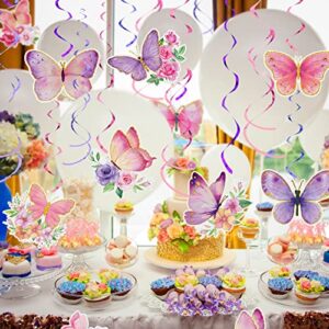 30 Pieces Butterfly Party Decorations Butterfly Hanging Decorations Watercolor Purple Butterfly Hanging Swirls Decorations Summer Themed Swirls Garland for Baby Girl Birthday Wedding Party Supplies