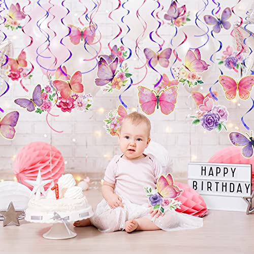 30 Pieces Butterfly Party Decorations Butterfly Hanging Decorations Watercolor Purple Butterfly Hanging Swirls Decorations Summer Themed Swirls Garland for Baby Girl Birthday Wedding Party Supplies