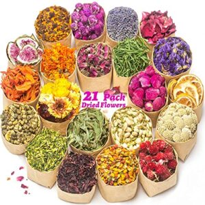 laveve dried flowers, 21 bags 100% natural dried flowers herbs kit for soap making, diy candle, bath, resin jewelry making – include lavender, don’t forget me, lily, rose petals, jasmine and more