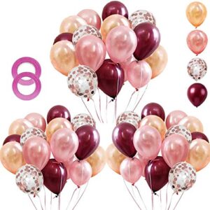 62 pieces rose gold burgundy confetti balloons kit, 12 inch rose gold confetti burgundy rose gold latex balloons with balloon ribbon for wedding birthday girl party background decorations