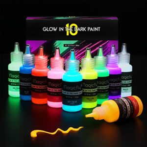 magicfly glow in the dark paint, 10 extra bright colors(20 ml/0.7 oz) glow paint, long-lasting self-luminous glow in the dark acrylic paint for artwork, diy projects, perfect for halloween christmas easter decorations