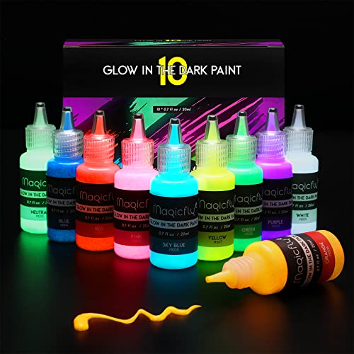 Magicfly Glow in The Dark Paint, 10 Extra Bright Colors(20 ml/0.7 oz) Glow Paint, Long-Lasting Self-Luminous Glow in The Dark Acrylic Paint for Artwork, DIY Projects, Perfect for Halloween Christmas Easter Decorations