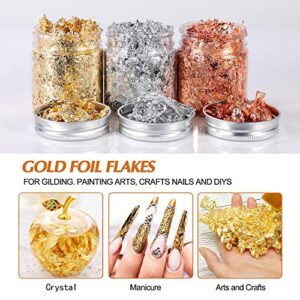 YULIKTOR Gold Foil Flakes for Resin,3 Bottles Metallic Foil Flakes 15 Gram,Imitation Gold Foil Flakes Metallic Leaf for Nails, Painting, Crafts,Slime and Resin Jewelry Making,Gold,Silver,Copper Colors