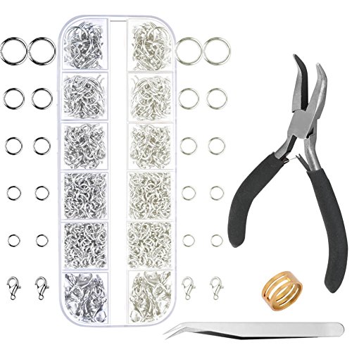 anezus Jump Rings for Jewelry Making Supplies with Jump Ring Pliers (1200Pcs Dull Silver and Bright Silver)