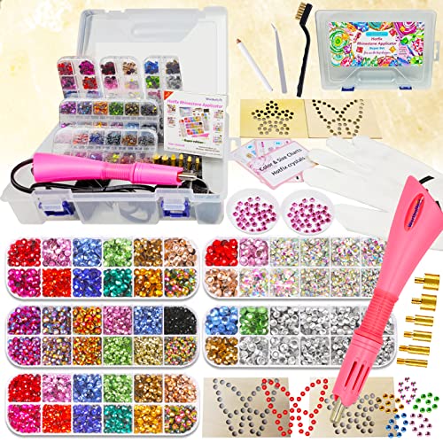 Hotfix Applicator Rhinestone, Larger Hot Fixed Rhinestones Applicator Tool Pen Kit, Bedazzler Kit with Rhinestones for Clothes Crafts Badazzle, 19 Color Gems Crystals, Templates, 30/20/16SS w/Case