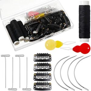 85 pieces hair extensions clip wig making set, includes 50 u-shape snap clips, 10 curved needles, 20 t-pins, 3 rolls weaving thread, 2 needle threader for wig making hair extensions (black)