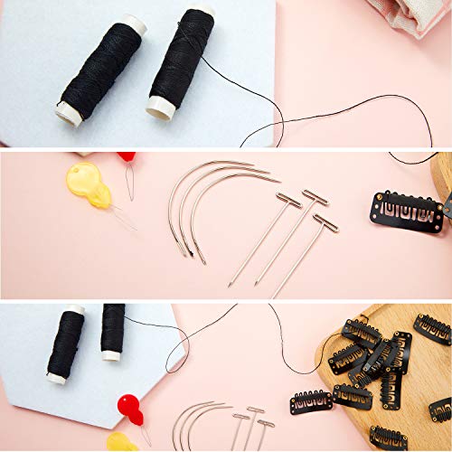 85 Pieces Hair Extensions Clip Wig Making Set, Includes 50 U-Shape Snap Clips, 10 Curved Needles, 20 T-Pins, 3 Rolls Weaving Thread, 2 Needle Threader for Wig Making Hair Extensions (Black)