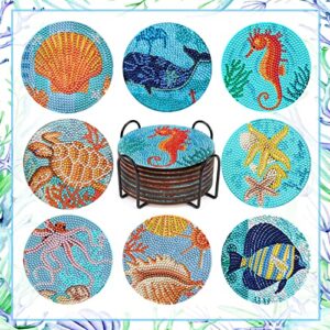 BABORUI Diamond Painting Coasters, 8Pcs 5D Ocean Diamond Art Kits for Adults Kids, Sea Diamond Painting Coasters with Holder for Beach House Decor