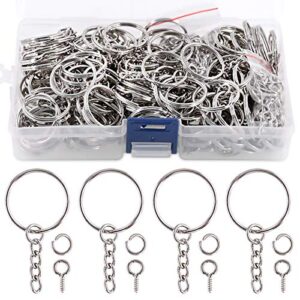 swpeet 450pcs 1″ 25mm sliver key chain rings kit, including 150pcs keychain rings with chain and 150pcs jump ring with 150pcs screw eye pins bulk for jewelry findings making (sliver)