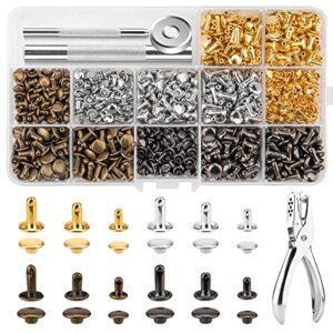 480 sets rivets for leather, leather rivet kit, 4 colors 3 sizes leather rivets and snaps for leather crafts, clothes, shoes, leather boots, bags, decoration (gold, silver, bronze and gunmetal)