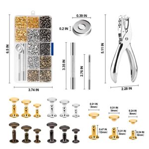 480 Sets Rivets for Leather, Leather Rivet Kit, 4 Colors 3 Sizes Leather Rivets and Snaps for Leather Crafts, Clothes, Shoes, Leather Boots, Bags, Decoration (Gold, Silver, Bronze and Gunmetal)